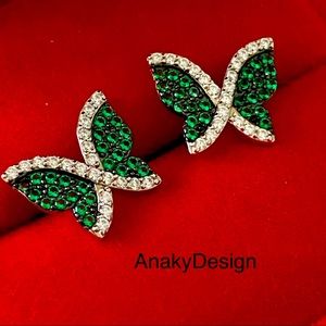 14k white gold over 925 emerald synthetic Diamond butterfly studs